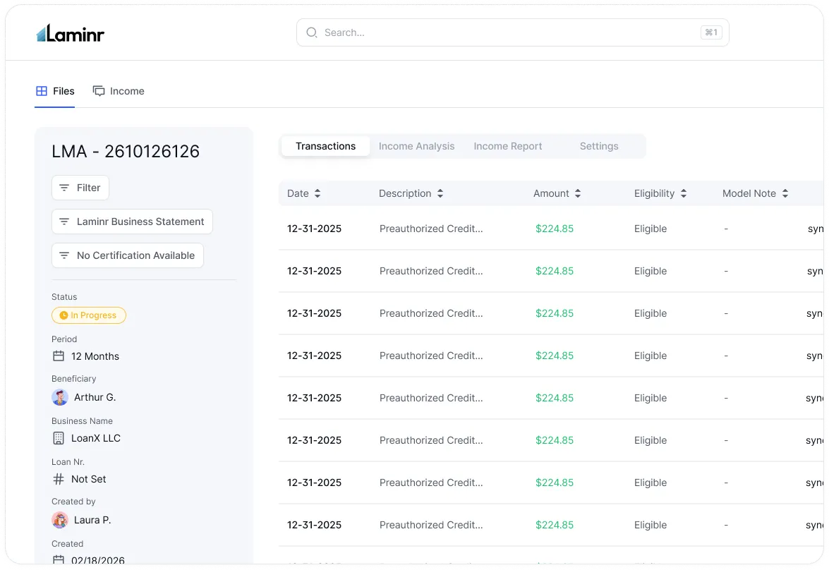 The Laminr workspace: a borrower file with transactions categorized for eligibility, alongside income analysis and report tabs